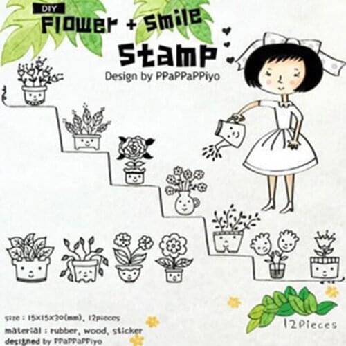 XINAHER 12 pcs/box mini Cartoon flower stamp DIY wooden rubber stamps for scrapbooking stationery scrapbooking standard stamp