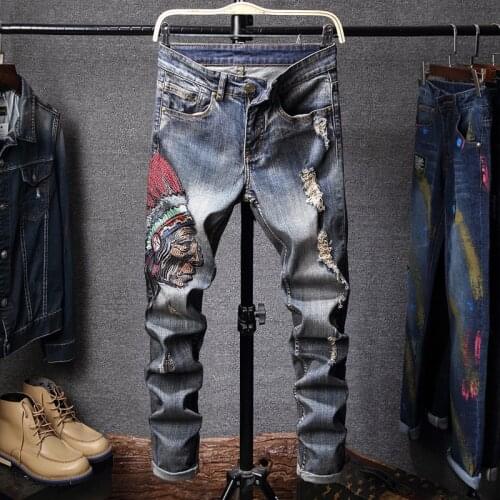 New Mens Jeans Oversized Denim Pant High Quality Indians Embroider Retro Ripped Streetwear Straight Jeans Men Clothing BF1701