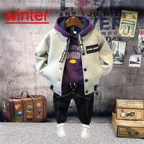 New 2-6Y Cute Baby Boys Girls Plush Velvet Coat+Hoodie+Jeans 3pcs Outfit Casual Outfits Children Set Boys Clothes Set 2-6Y