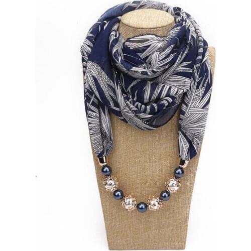 Beaded Pendant Neck Scarf European Design Printed Chiffon Necklace Scarf For Lady