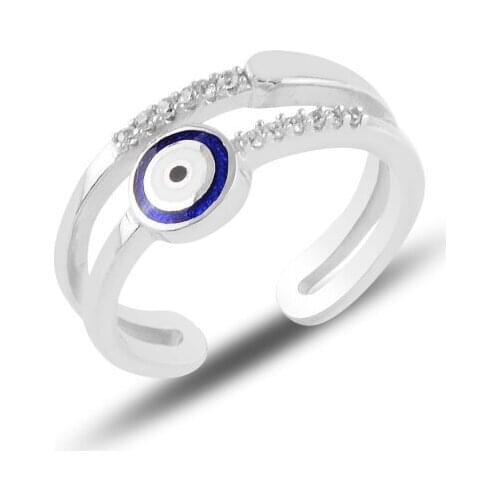 Silver 925 Sterling Enamel Eye & Zircon Cubic Zirconia Adjustable Tall Ring