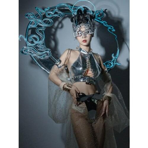 Technology Sense Chinese Style Chang'e Silver Outfit Nightclub Gogo Dancing Performance Stage Costume Bar Dancerwear VDB4148