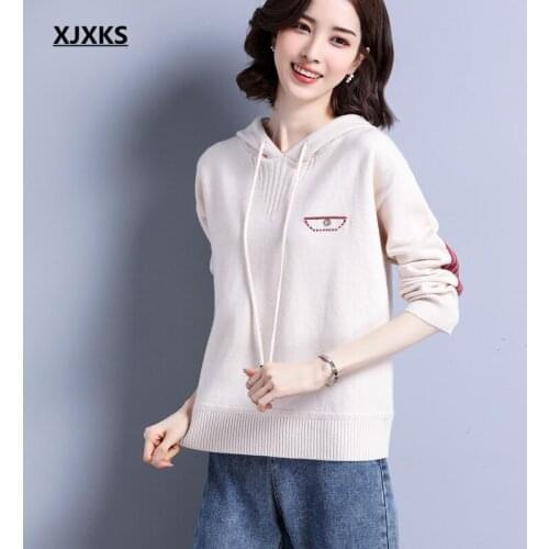 XJXKS High-end wool knitted sweater women pullover 2021 spring autumn new fashion hooded women sweater