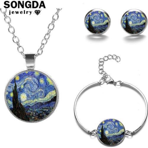 SONGDA 2021 Van Gogh Famous Painting Jewelry Set The Starry Night Sunflowers Luxury High Quality Art Party Jewelery Set Outlet