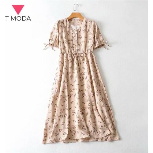 T MODA 2021 Summer Women V Neck Flower Print Dress Lady Short Sleeve High Waist Hip A Line Long Slim Vestidos Female Chic Dress