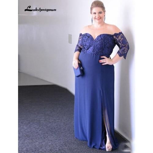 Royal Blue Plus Size Mother Of the Bridal Dresses Sheer Neck Three Quarter Sleeve Beaded Side Split Evening Gown Chiffon Long Pr
