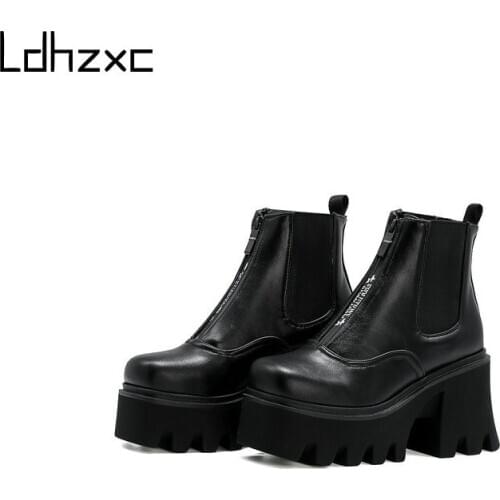 LDHZXC Women Ankle Boots Round Toe Thick High Heel Platform Shoes Soft Pu Leather Punk Female Motorcycle Boots Size 34-44