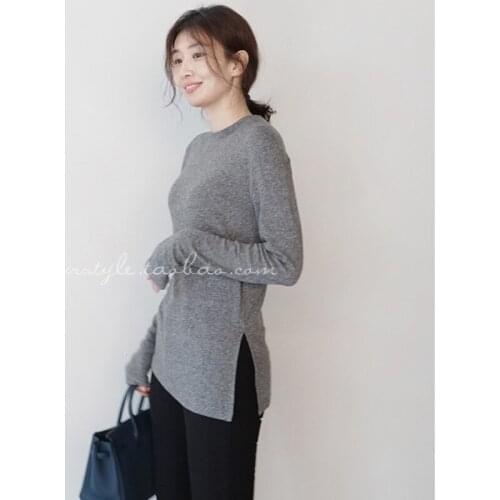 Slit Long Sleeve T-shirts Gray Slim Tops For Womens Spring Plain Tshirt Casual Fashion Korean Clothes Basic T-shirt Solid Color