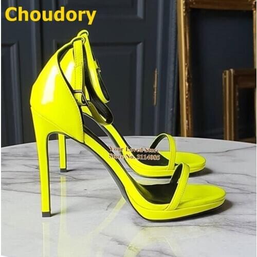 Choudory Women Neon Yellow Buckle Strap Sandals Stiletto Heels Concise Summer Dress Shoes Evening Banquet Gladiator Pumps Size47