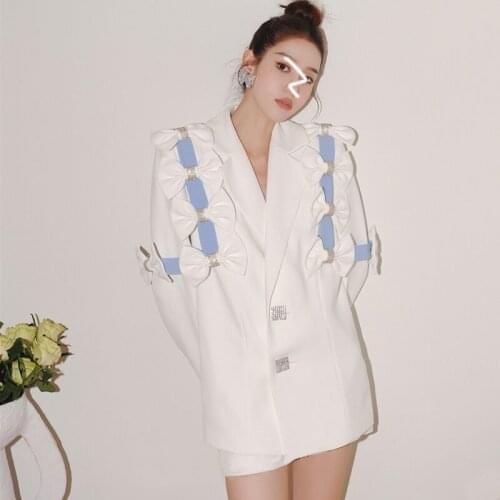 Palace Wind Bow Slim Waist Patchwork Loose Coat Mid-long White Female Blazers Jacket Spring Autumn Diamond Single-breasted Suit