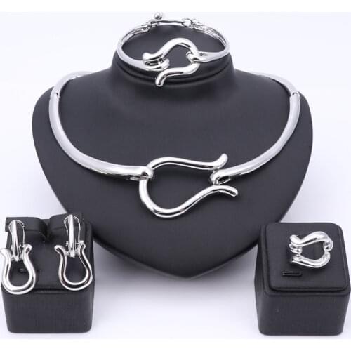 Women African Jewelry Set Silver Plated Fashion Bridal Wedding Elegant Romantic Wedding Necklace Bangle Earring Ring Jewelry Set