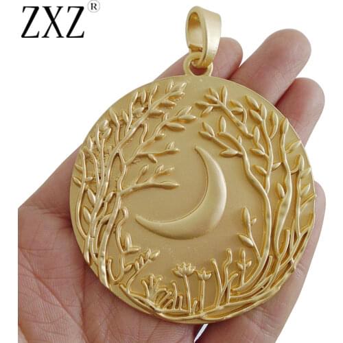 ZXZ 1 Piece Matt Gold Tone Large Tree & Moon Round Circle Charms Pendants for Necklace Jewelry Making Accessories