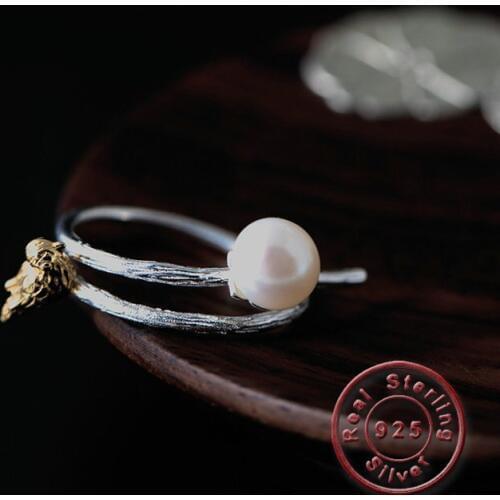 Amxiu Natural Freshwater Pearl Rings 925 Sterling Silver Jewelry Two Tones Bird Open Ring for Women Girls Wedding Accessories