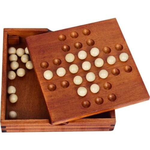 Wooden Marble Solitaire Board Game Adults and Children Jumping Chess Toys with Storage Box