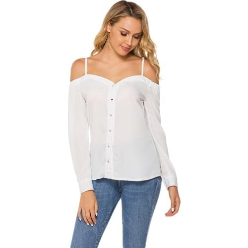 Autum Women Long-sleeved Tees Off-shoulder T Shirts Fashion Casual Elegant Solid T-shirt Harajuku Sling Button T-shirt