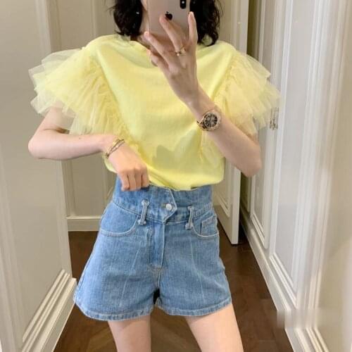 Short Flare Mesh Sleeve T Shirts Womens Round Neck Candy Color All-Match Tops Girs Students 2021 Summer Harajuku Ropa Mujer