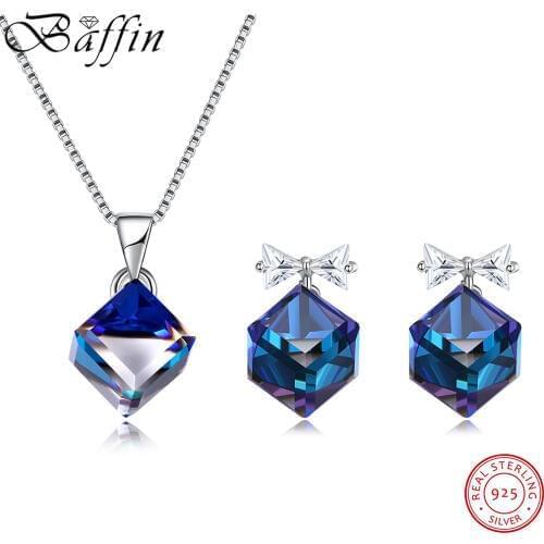 Geometric Cube Jewelry Sets Crystals From Swarovski-Elements Real S925 Silver Pendant Necklace Bowknot Stud Earrings For Women