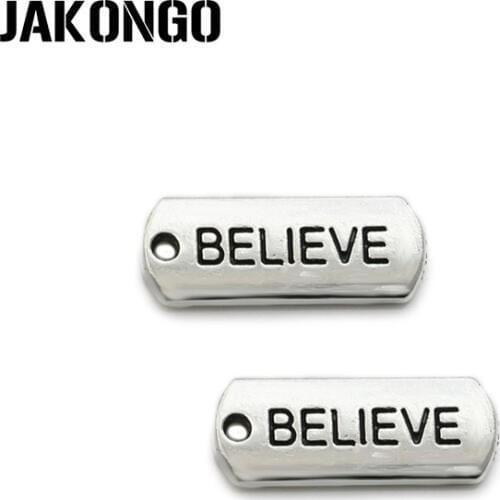 JAKONGO Antique Silver Plated Believe Charm Pendant fit Bracelets Jewelry Findings Accessories Making Craft DIY 21x8mm