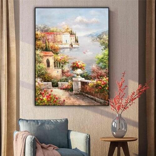 Nordic Retro House Flower Oil Painting on Canvas Modern Wall Art Landspace Posters and Prints Picture for Living Room Decoration