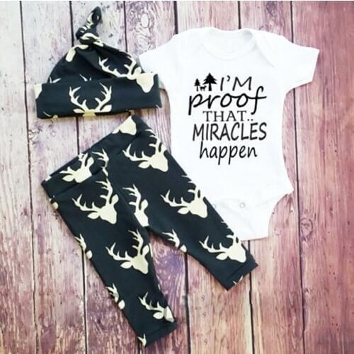 Newborn Baby Boy Clothes Miracles Happen Baby Bodysuit+Deer printed Pants+Hat 3pcs Bebies Girls Jumpsuits Baby Clothing Sets