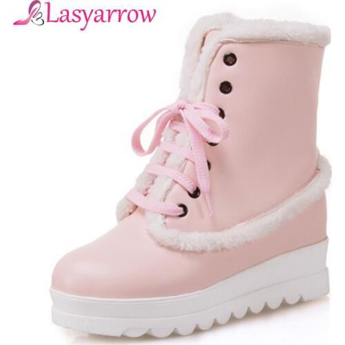 Lasyarrow Winter Warm White Height Increasing Snow Boots Women Ankle Boots Lace Up Hidden Wedges Thick Bottom Round Platform