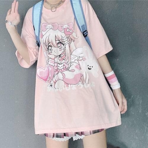 Summer Pink Cute Kawayi Harajuku Style Girls T-shirt Urban Casual Anime Tops Aesthetic Womens Clothes Friends Tee Shirt