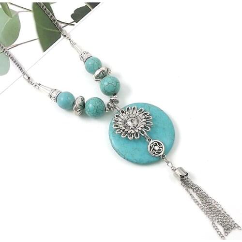 LosoDo Bohemia retro Ethnic style jewelry necklace Miao silver turquoise long tassel sweater chain Ladies fashion accessories