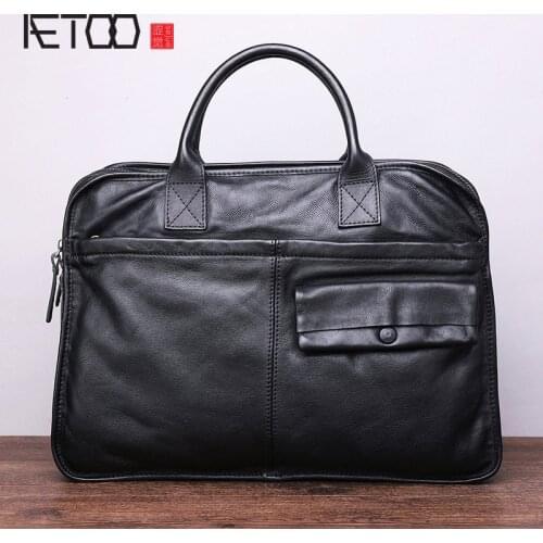 AETOO First layer cowhide mens handbag, casual business briefcase, large-capacity computer bag, leather messenger bag