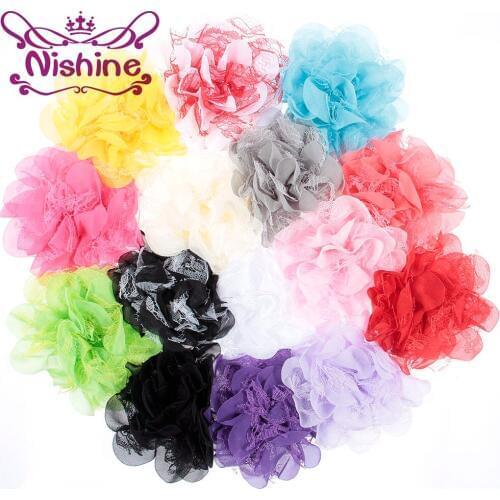 Nishine 30pcs/lot 4" Chiffon Lace Flower For Headband Hair Clips Fabric Flower Flat Back For DIY Headwear Hair Accessories