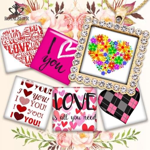 New Valentines Day Love Big Heart Square Handmade Photo Glass Cabochons Glass Dome Cover Pendant Cameo Settings