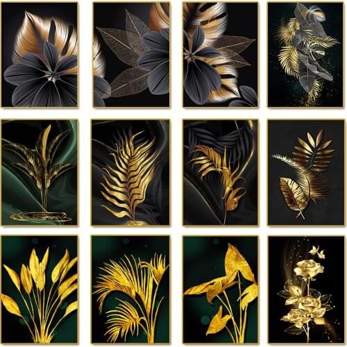 Black Golden Plant Leaf Canvas Poster Print Modern Home Decor Abstract Wall Art Painting Nordic Living Room Decoration Picture