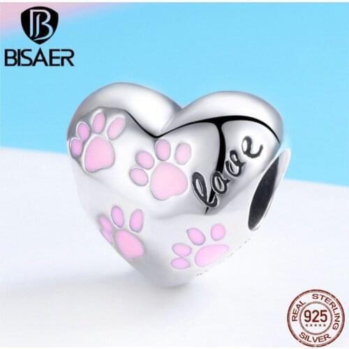 BISAER 925 Sterling Silver Bulldog Footprints Charms Dog Animal Pink Heart Beads fit Original Silver 925 Jewelry Making ECC768