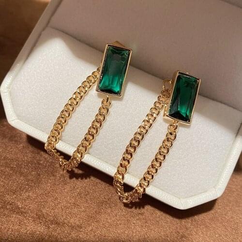 Retro Fashion Rectangle Green Crystal Rear Hanging Chain Long Earring For Women Jewelry Gold Color Tassel Punk INS Wind