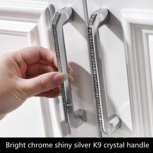 128 192mm modern fashion luxury k9 crystal wardrobe win cabinet door handle silver gold kitchen cabinet drawer knob pull CHROME