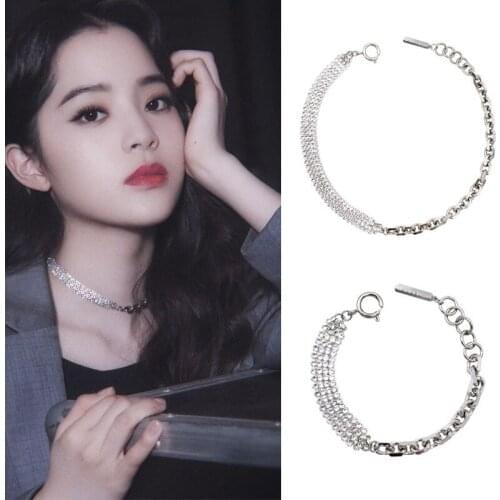 Silver full diamond thick chain short necklace bracelet set Choker clavicle chain