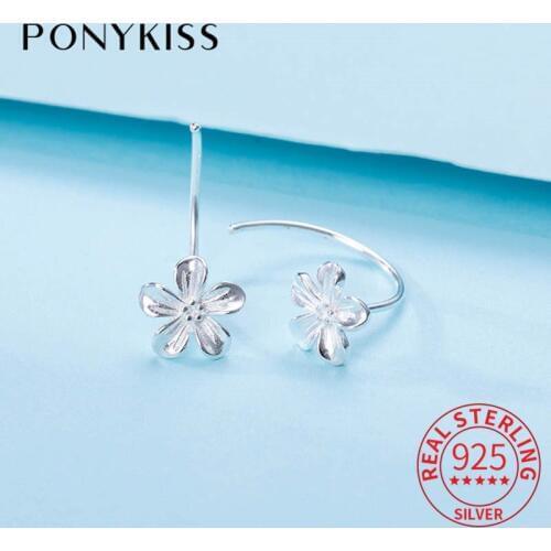 PONYKISS 100% 925 Sterling Silver Flower Simple Hoop Earrings For Women Party Delicate Fashion Accessory Girl Lovely Gift