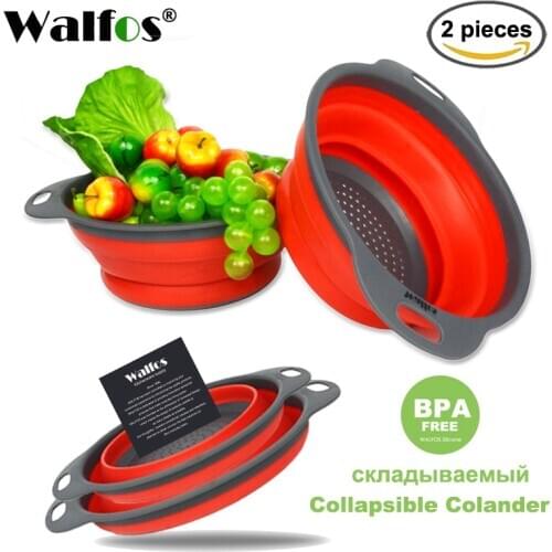 WALFOS 2Pcs/Set Foldable Silicone Colander Fruit Vegetable Washing Basket Strainer Collapsible Drainer With Handle Kitchen Tool