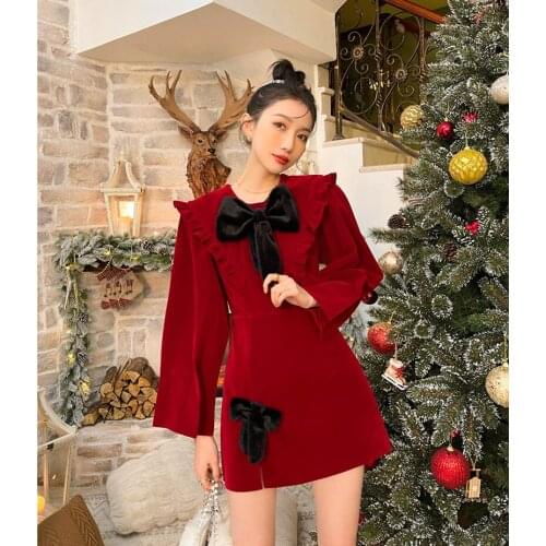 Vintage Velvet Bow Princess Dress Autumn New Womens Ruffled Bag Hip Split Dress Female 2020 Korean Clothes