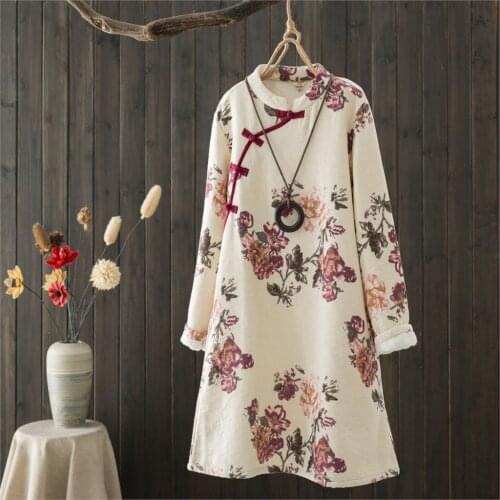 Vintage Floral Women Dress 2020 Autumn Winter Cotton Linen A line Dress Thick Retro Long Sleeve Casual Female Warm Dress