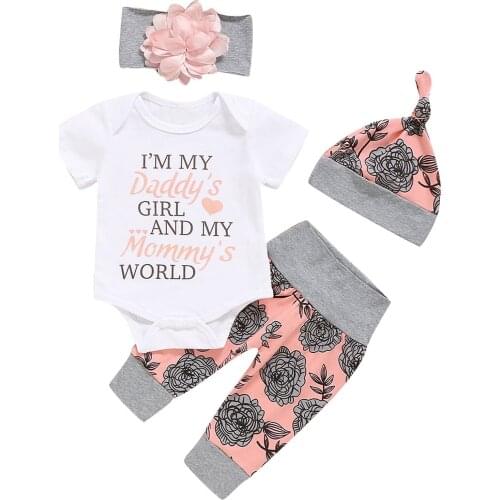 Letter Print Baby Girl Ropmper Clothes Set Newborn Kids Clothing Infant Girls Printed Bodysuit +Floral Pants+ Headband Outfits