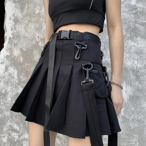 Women Pleated Cargo Gothic Pocket Punk Mini Japanese Buckle Women Cotton Casual Streetwear Short Skirt With Strips 914-A208