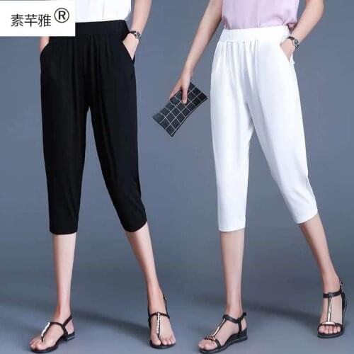 Women Pants (Su Xiaoya) Summer Womens Loose Waist Trimming Cropped Pants Pantalones De Mujer