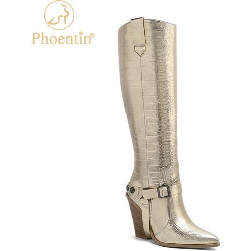 Phoentin gold knee high boots cowboy boots western 2021 high-heeled shoes wedges boot winter pointy womens shoes 44 size FT1092