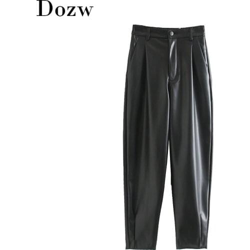 Women Fashion PU Leather Black Color Harem Pants Pleated Elastic Waist Loose Bottoms Baggy Long Length Trousers Lady Pantalon