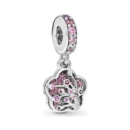 Genuine 925 Sterling Silver Bead Pave Peach Blossom Flower Charm Fit Pan Women Bracelet & Necklace Diy Jewelry