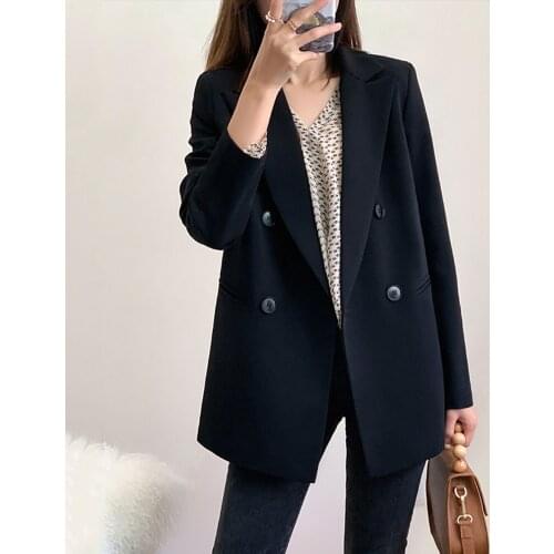 Fashion Elegant Women Black Blazer Long Sleeve Pocket Double Breasted Office Ladies Business Coat Female Autumn Retro Jacket