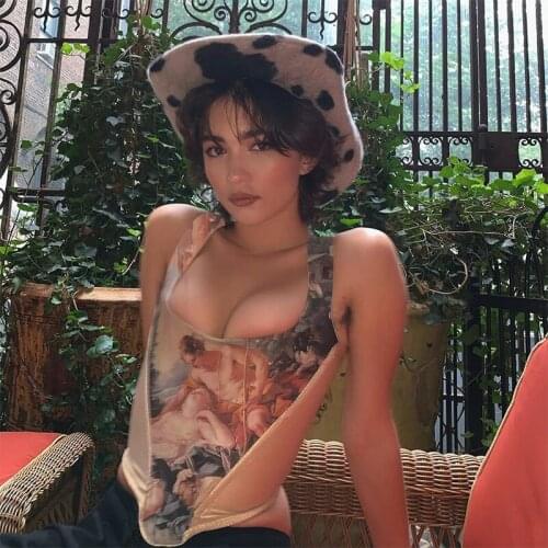 2021 New Fashion Y2K Aesthetic Print Crop Tops for Women Sleeveless Corset Vest Top Cropped Feminino Backless Club Top Tanks