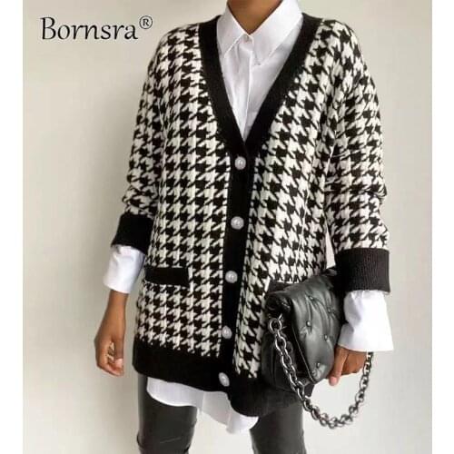 Bornsra Knit Cardigan Womens Autumn and Winter 2021 Sweater Loose V-neck Long-sleeved Mid-length Coat Vintage Woman Cardigan