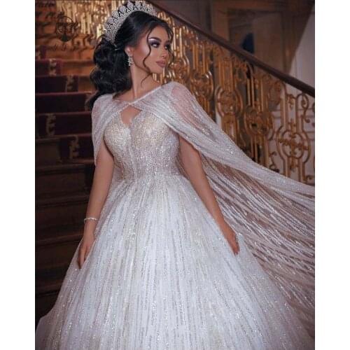 2022 Arabian Design Robe De Mariee V Neck Beaded Heavily Sleeveless Shinny Muslim Wedding Dresses with Cape