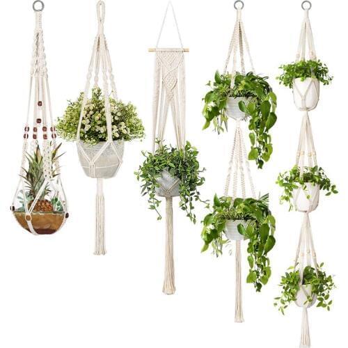 5-Pack Macrame Plant Hangers, Different Tiers, Handmade Cotton Rope Hanging Planters Set Flower Pots Holder Stand, For Indoor